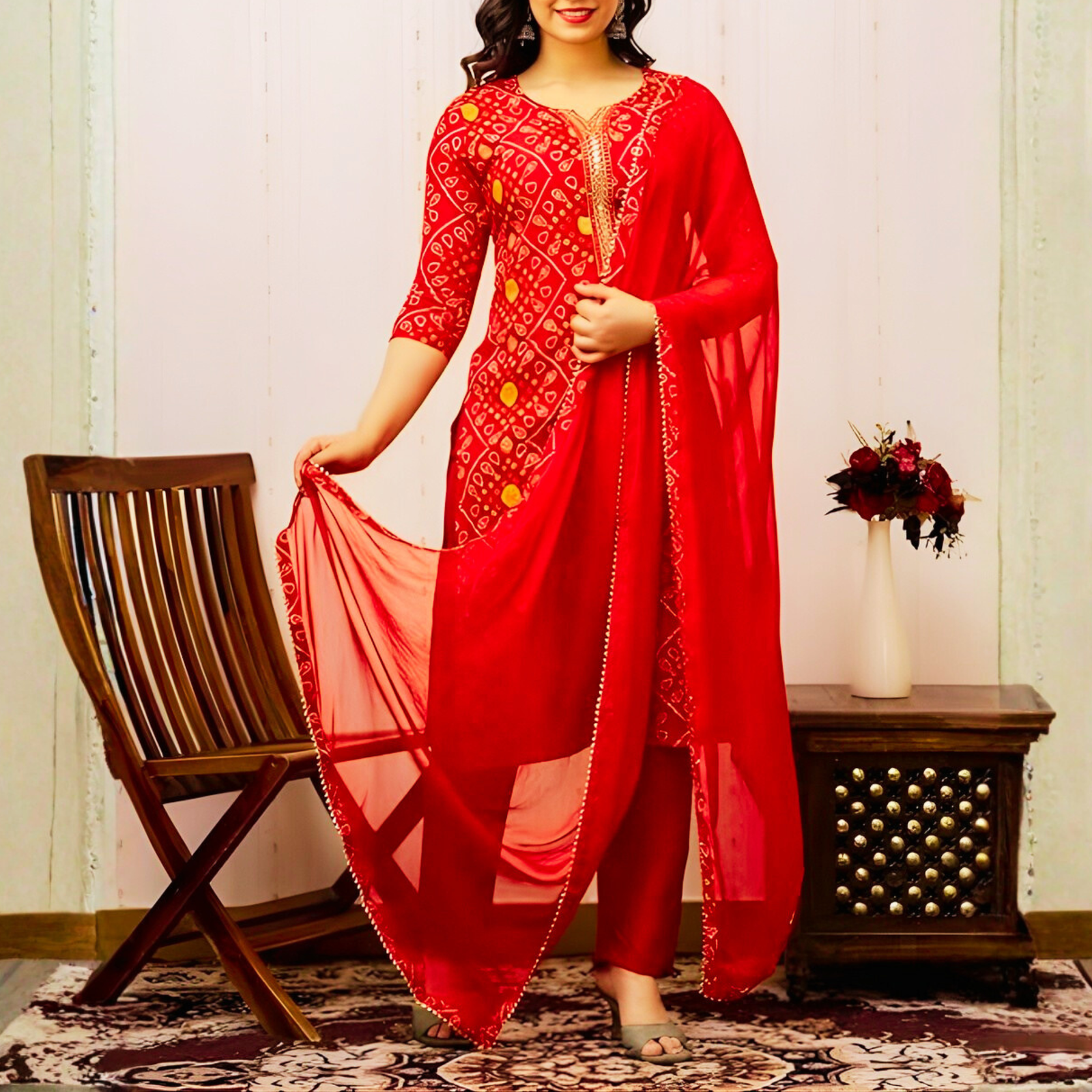 Women's Rayon Bandhani Print and Embroidered Kurta Salwar and Dupatta Set - Image 3